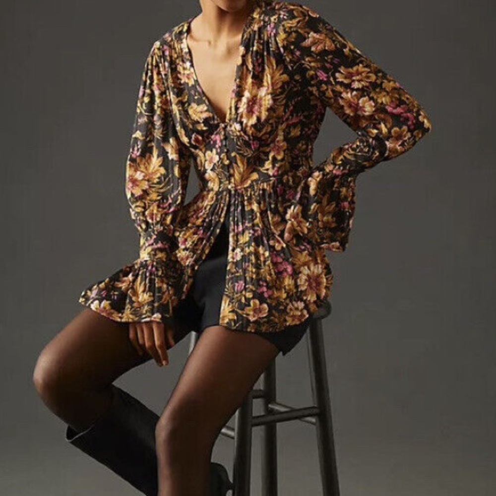 NEW Anthropologie Deep-V Floral Tunic Blouse-Size Small